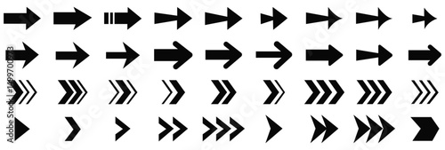 Set of various arrow icons. Black arrow icon shape isolated in white background for design projects.