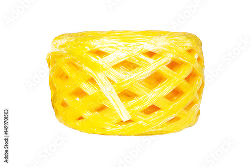 Dark yellow plastic straw rope in rolls circle, saw side of rolls. Used to tie things or pack products tightly so they don't fall apart. Isolated on cut out PNG or transparent background. 