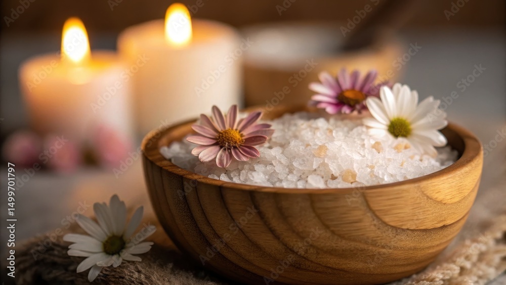 A wooden bowl of bath salts with flowers, lit candles, and a cozy setting create a relaxing spa atmosphere. A wooden bowl of bath salts with flowers, lit candles, and a cozy setting create a relaxing spa atmosphere.