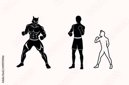 Boxer stand with pose vector silhouette on white background