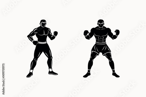 Boxer stand with pose vector silhouette on white background