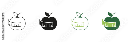 Apple Wrapped With Measuring Tape Line and Silhouette Icon Set. Weight Control And Diet Fitness For Healthy Eating Icon. Editable Stroke. Isolated Vector Illustration