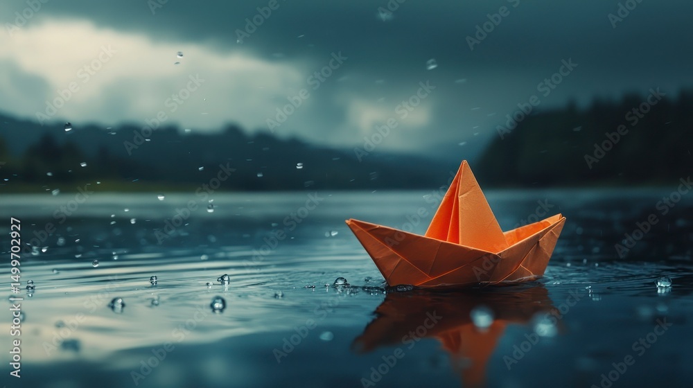 Obraz premium An orange paper boat floating on water with raindrops falling around it