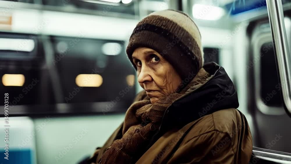 Weathered homeless senior quietly sitting in subway train, gazing pensively through window with deeply introspective expression reflecting urban hardship and social isolation
