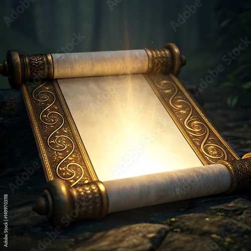 Ancient Illuminated Scroll Mystical Glowing Parchment in Dark Forest Setting