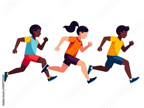Vector Illustration of Kids Running Together in Sports Outfits on White Background, Global Running Day