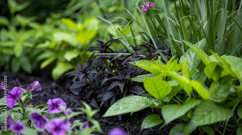 Obraz premium Close up of dark leaved plants in a lush garden setting. Illustrates gardening, landscaping, and natural beauty.