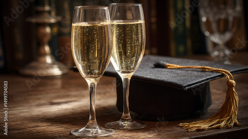close-up of a graduate's cap and champagne. graduation day