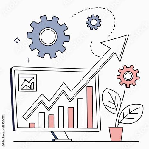 Growing business success graph chart gears plant