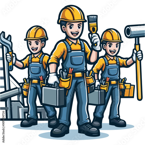 Flat cartoon worker mascot vector illustration wearing safety vest and helmet with cheerful expression holding wrench for construction services branding and logo

