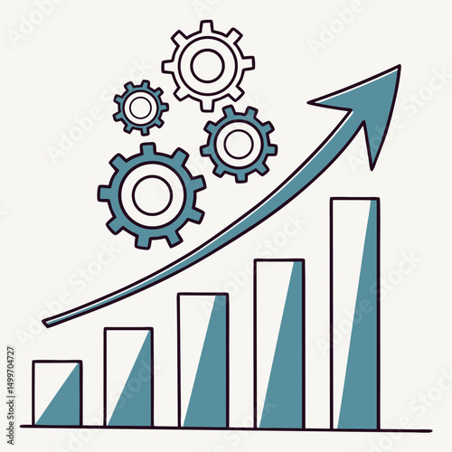 Growing business graph with gears showing progress and success