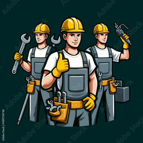 Colorful cartoon builder mascot illustration flat style character with construction gear holding tool wearing helmet for contractor business branding design