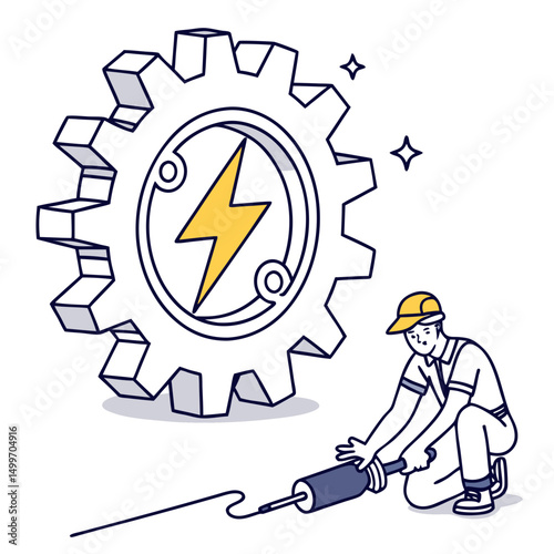 Technician repairing a large gear with lightning bolt power symbol