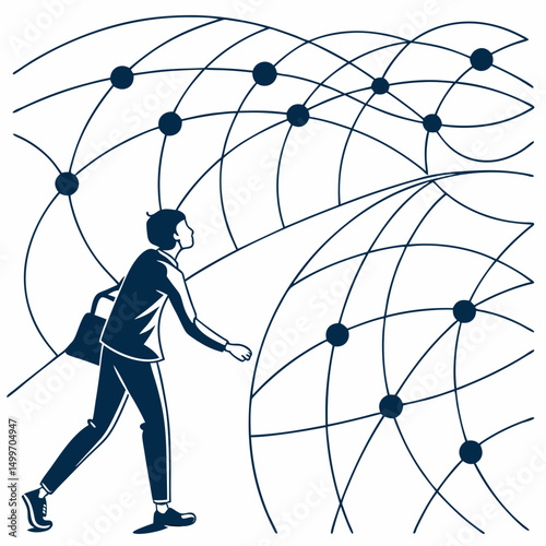 Person walking towards complex network connection nodes