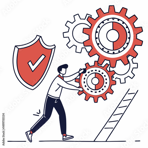 Man working on gears and mechanism with security shield