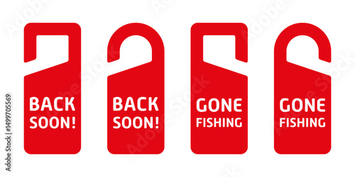 Red door hanger signs with bold white text: “Back Soon!” and “Gone Fishing” in various styles. Flat vector design, isolated on white background.