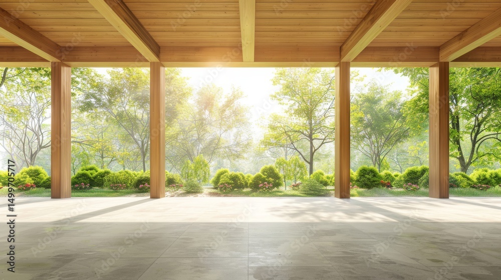 Fototapeta premium Modern Wooden Pavilion Overlooking Lush Green Park. Sunlight streams through the structure, creating a serene and peaceful atmosphere.