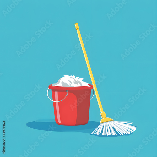 Professional flat vector illustration of cleaning floor with mop and bucket