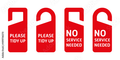 Red door hangers with white text: “PLEASE TIDY UP” and “NO SERVICE NEEDED” in different shapes, ideal for hotel or hospitality use.