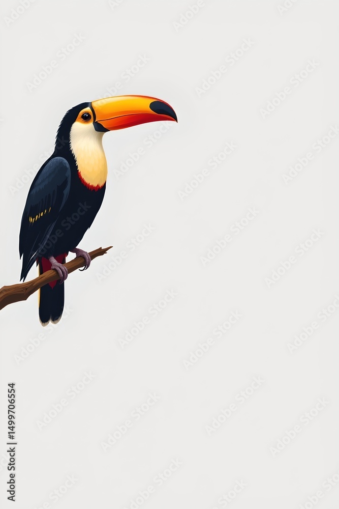 Naklejka premium illustration of a toucan perched on the left side of the image against a white background, clear copy space on the right for text