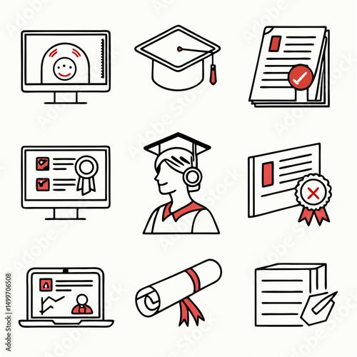 Online education graduation icons set transparent background