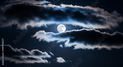 Bright full moon illuminating dramatic dark clouds in the vast mysterious night sky