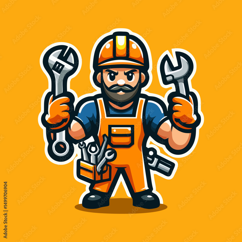 Fototapeta premium Cartoon builder mascot in flat vector style holding power drill wearing gloves and hard hat with confident smile for construction services branding and company campaign design