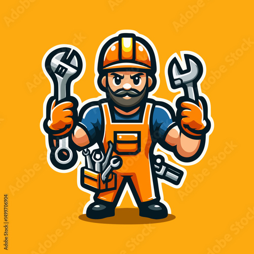 Cartoon builder mascot in flat vector style holding power drill wearing gloves and hard hat with confident smile for construction services branding and company campaign design