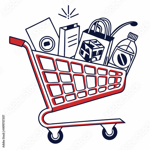 Red shopping cart filled with groceries and products online shopping