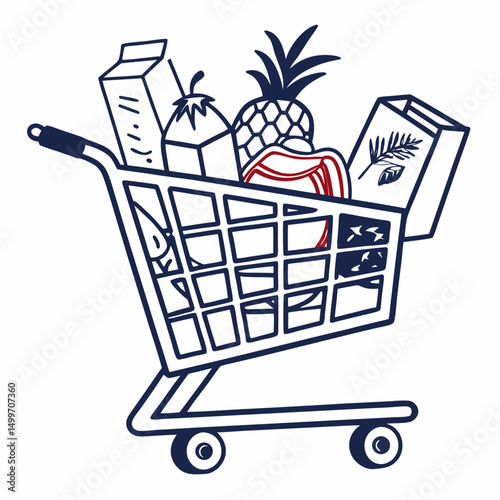 Shopping cart filled with groceries fresh produce and packaged goods
