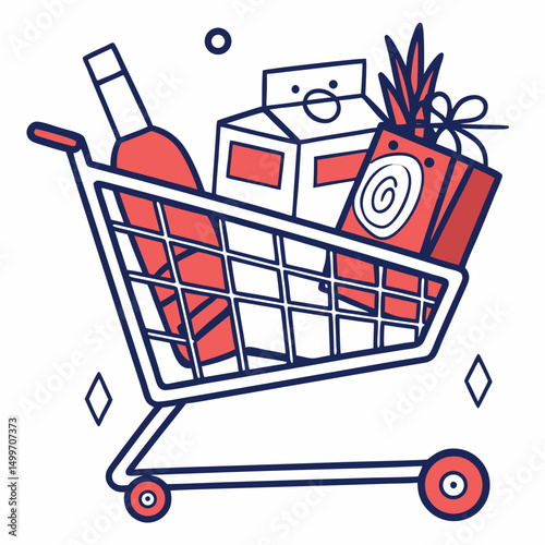 Shopping cart full of groceries wine and gifts online shopping delivery concept