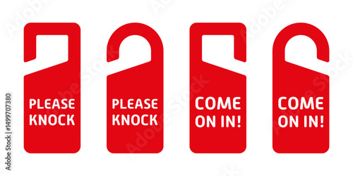 Red door hangers set with white text: “PLEASE KNOCK” and “COME ON IN!” in bold font, with two different hanger shapes per message.