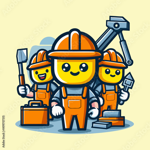 Construction worker character cartoon style wearing orange vest and helmet holding spanner tool vector builder mascot design for building service advertisement and branding