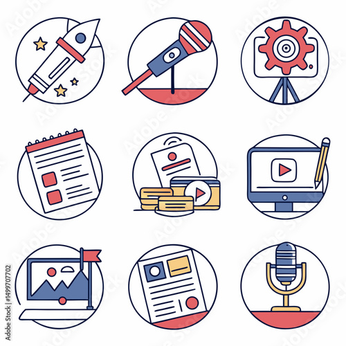 Content creation icons set multimedia production blogging vlogging podcast