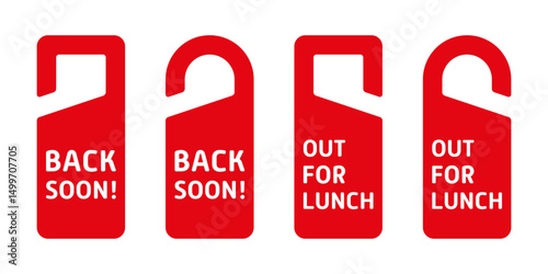 Red door hangers with bold white text reading "Back Soon!" and "Out for Lunch" — perfect for office or business use.