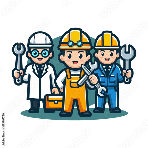 Builder mascot cartoon character in bright colors with hammer and hard hat smiling pose flat vector illustration for construction site contractor company visual identity
