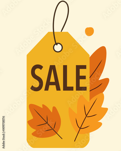 Hanging tag with the word SALE surrounded by colorful autumn leaves. Suitable for seasonal sale promotions and retail marketing, store signage, online sale banners, flyer, autumn themed