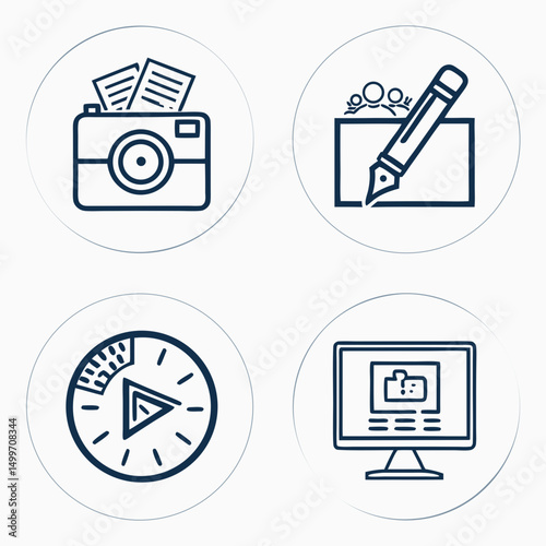 Content creation workflow icons camera writing data analysis design