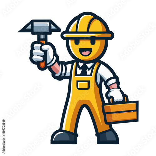 Flat vector construction worker mascot cartoon design with cheerful pose safety helmet and working gear illustration for builder services handyman branding and marketing