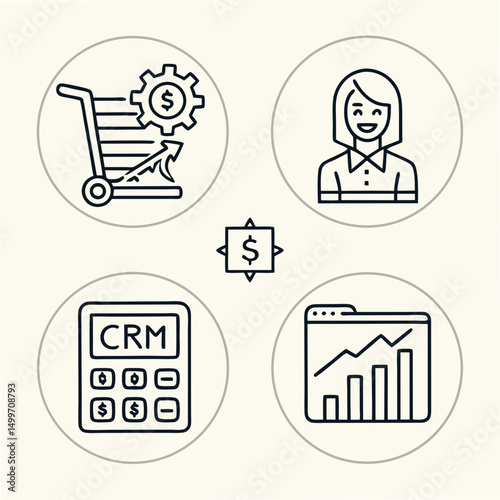 Professional business icons set, growth, crm, sales, customer service, isolated on white background