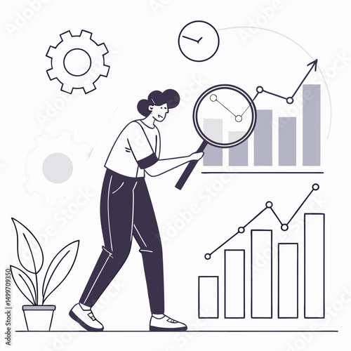 Person analyzing business growth charts with magnifying glass