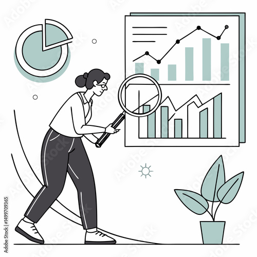 Woman analyzing business charts and graphs with magnifying glass