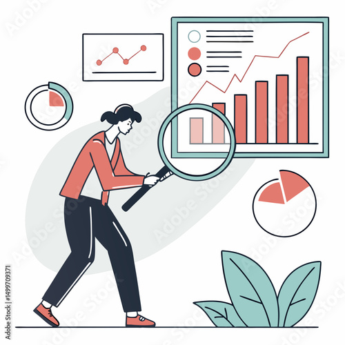 Woman analyzing business growth charts data magnifying glass