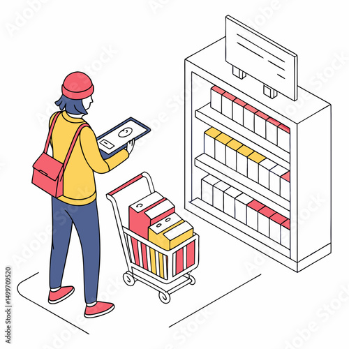 Woman using tablet to scan products in shopping cart at store