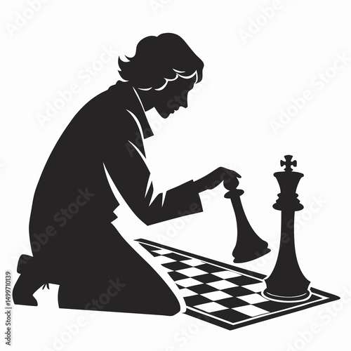 Woman kneeling playing chess game strategy black silhouette