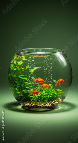 Round glass aquarium with goldfish swimming among lush aquatic plants, set on a green background. Perfect for Earth Day, World Environment Day and eco-friendly themes photo