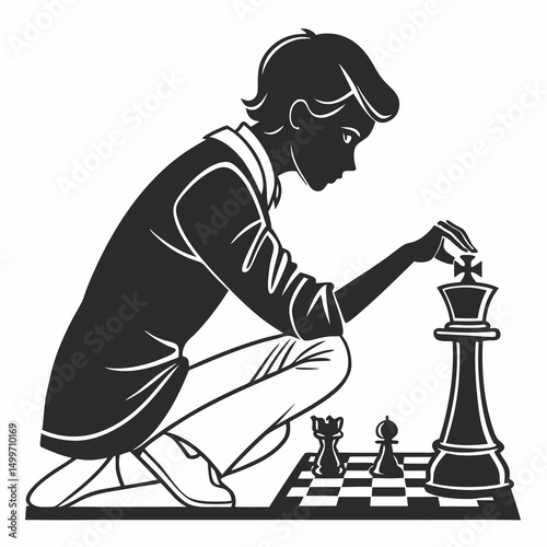 Young person concentrated playing chess game strategy