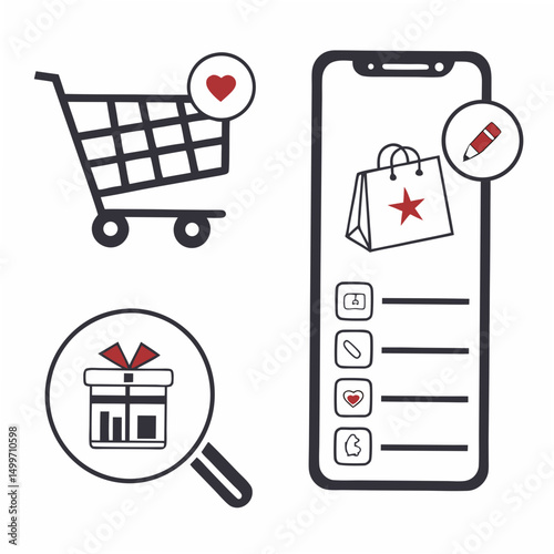 Online shopping app interface design elements isolated on white background