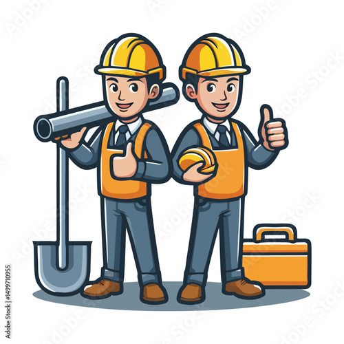 Professional Cartoon Style Construction Worker Mascot Holding pipe and Smiling for Builder Logo Manual Labor Repair Service Vector Identity Branding Illustration Project