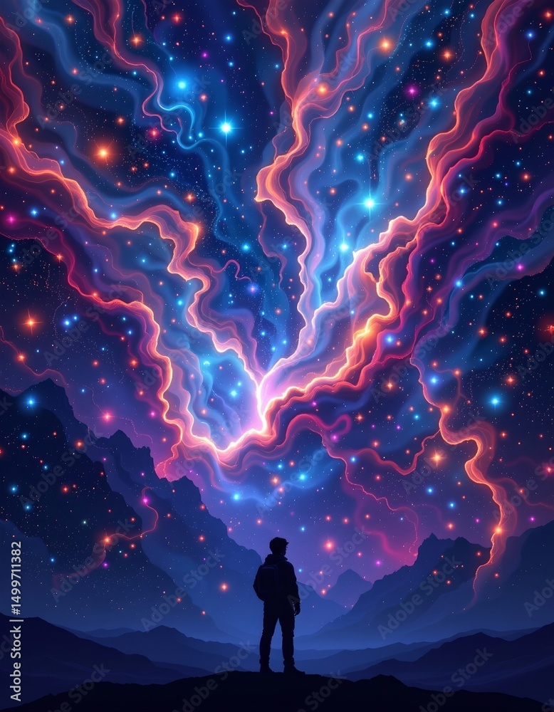 Obraz premium subject silhouette at the bottom under backlit seamless celestial nebula of swirling stardust and cosmic gases background texture, 8k tile with copy space at the top.